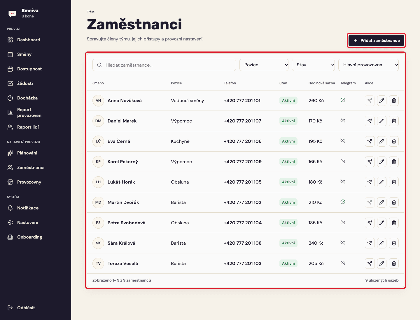 Stránka Zaměstnanci a tlačítko Přidat zaměstnance zvýrazněné červeným rámečkem