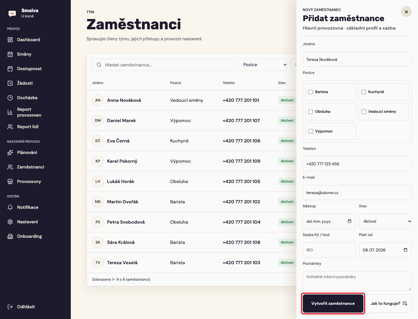 Tlačítko Vytvořit zaměstnance zvýrazněné červeným rámečkem