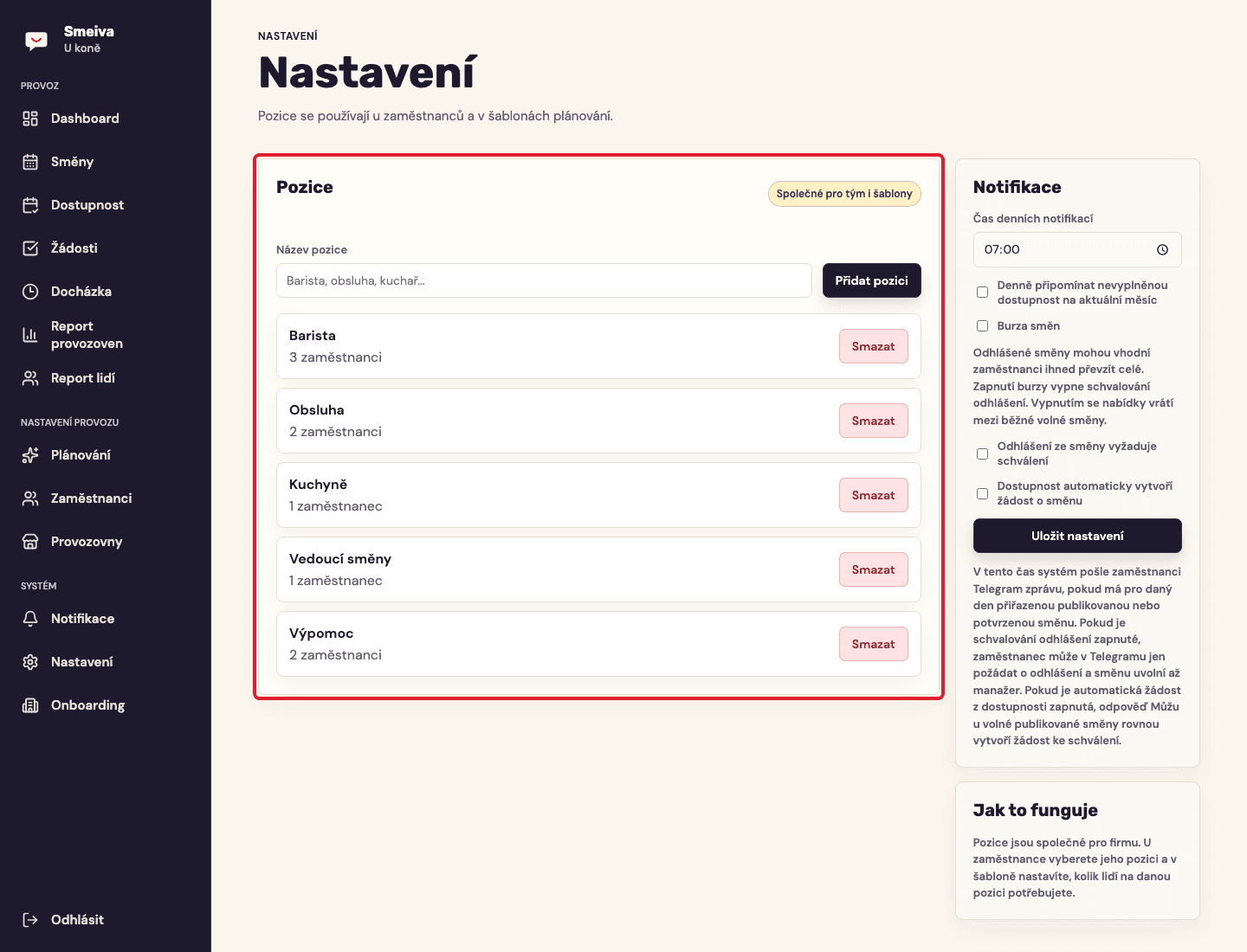 Sekce Pozice v nastavení zvýrazněná červeným rámečkem